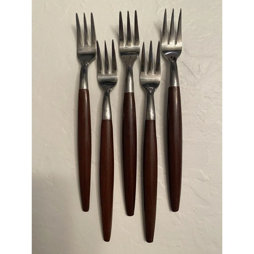 5) MCM AMERICAN TEMPO Oyster Forks Stainless Wood Handle Silverware Flatware